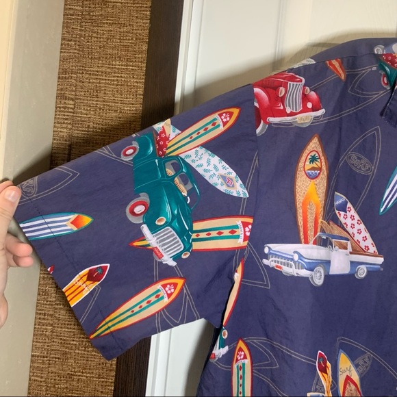 KY’s Blue Multicolor Hot Rod/Surf Board Print Button Up Shirt 2XL - Picture 7 of 9